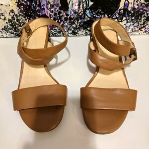 NINE WEST Tan Ankle Double Strap Block Heel Sandals Open Toe Shoes Size 6.5